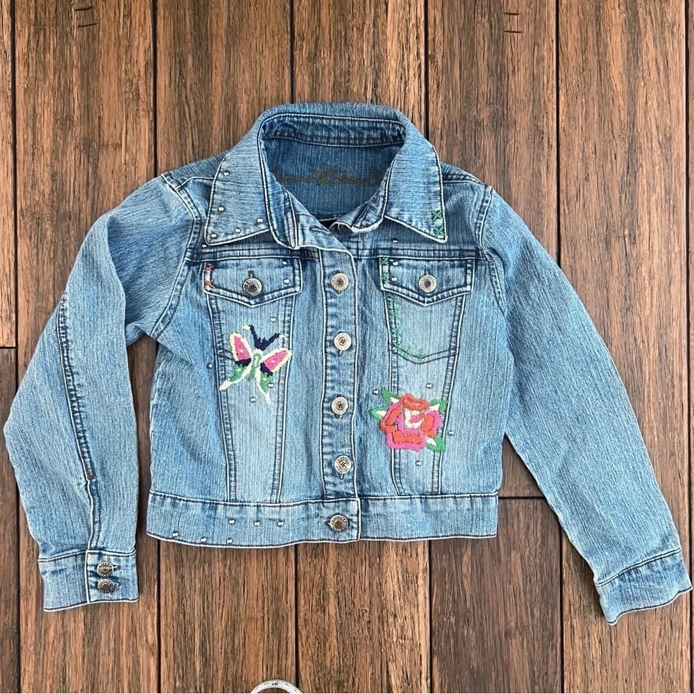 Vintage Y2K Arizona Jean Co Girls Embroidered Jean Jacket Studded Butterfly S